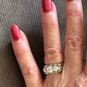 14-kt white gold Cdn 3-diamond ring with custom wedding and anniversary bands